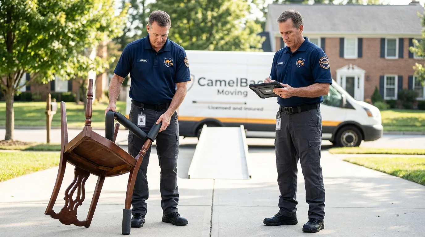 Movers inspecting furniture for damage prevention before loading in Birmingham, MI