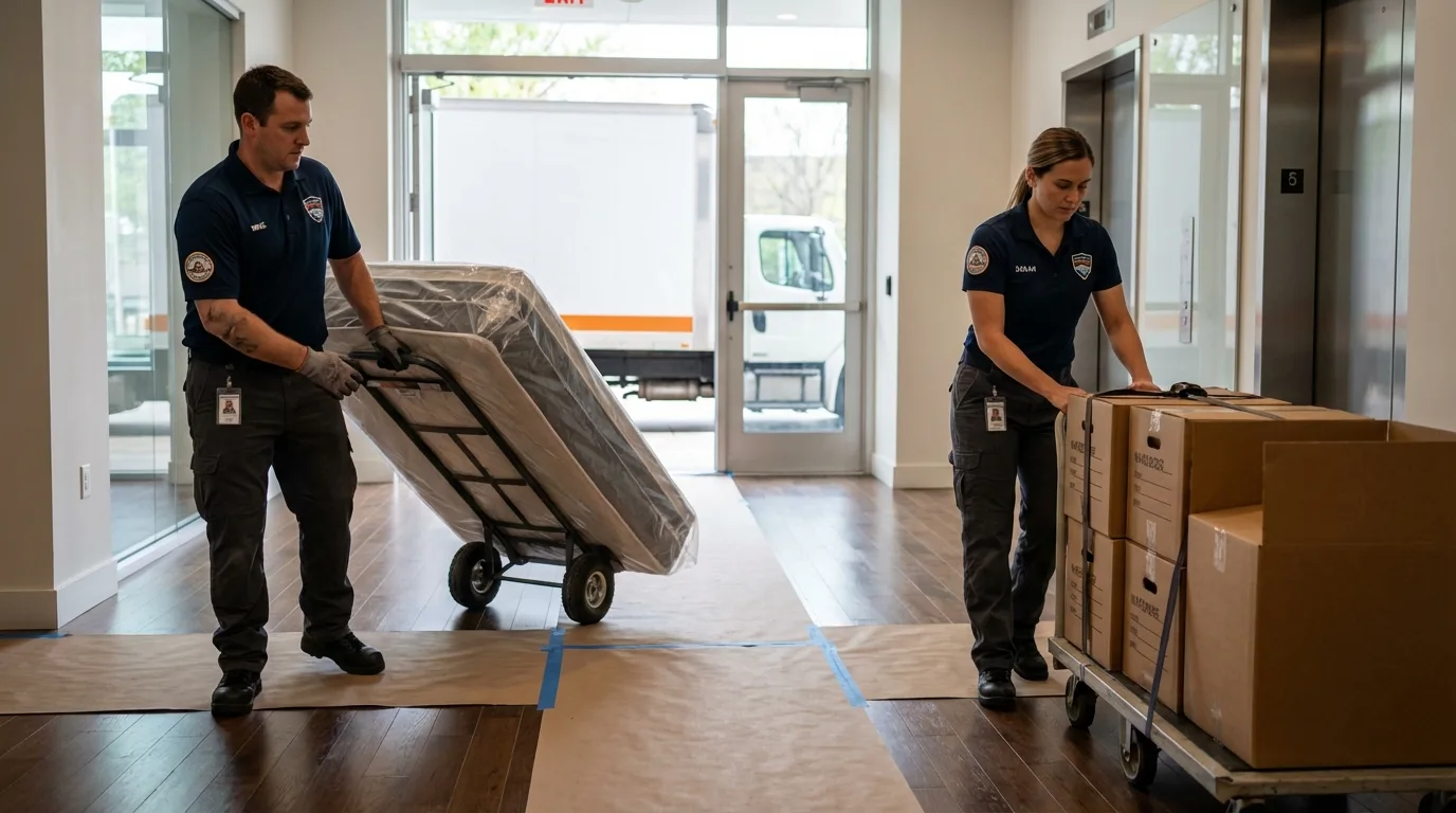 Professional apartment movers loading elevator in Birmingham, MI