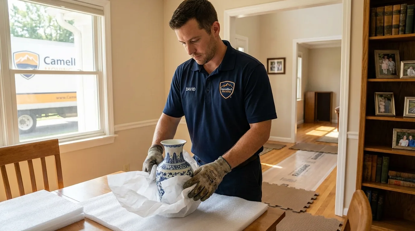 Professional crew carefully wrapping antique vase for senior downsizing move in Birmingham, MI